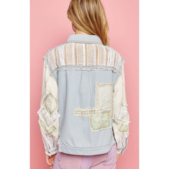 Patchwork Denim and Lace Jacket Distressed Boho Denim Shacket Mixed Floral Lace - Picture 8 of 17